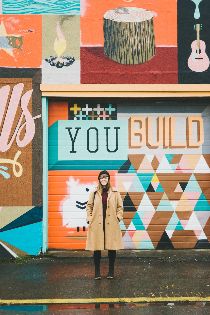 Vintage Ethical Look Shot in Front of a Portland Mural by Conscious by Chloé