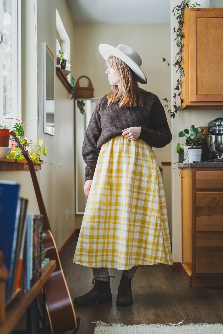 Picnic Yellow Gingham Dress with Fluffy Sweater and Cowboy Hatby Conscious by Chloé